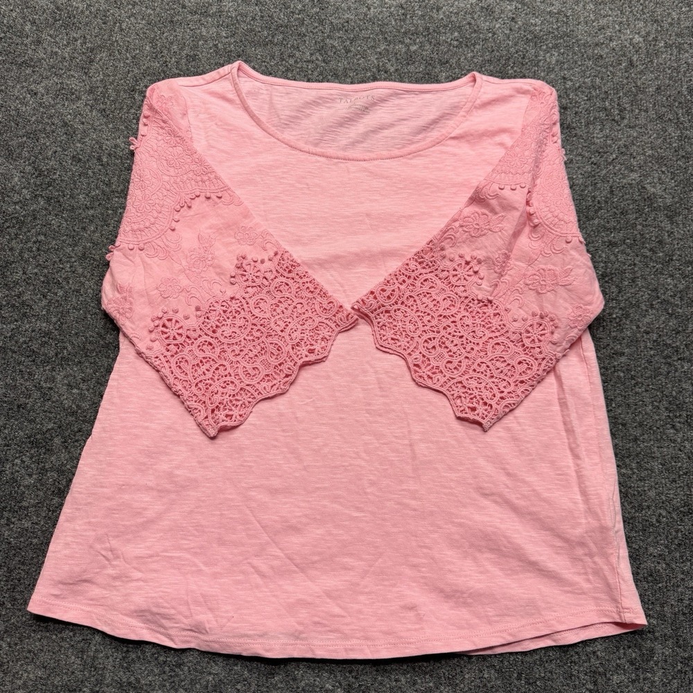 Talbots Crochet Lace Sleeve Top Womens L Pink 100% Cotton Boho Romantic Slub